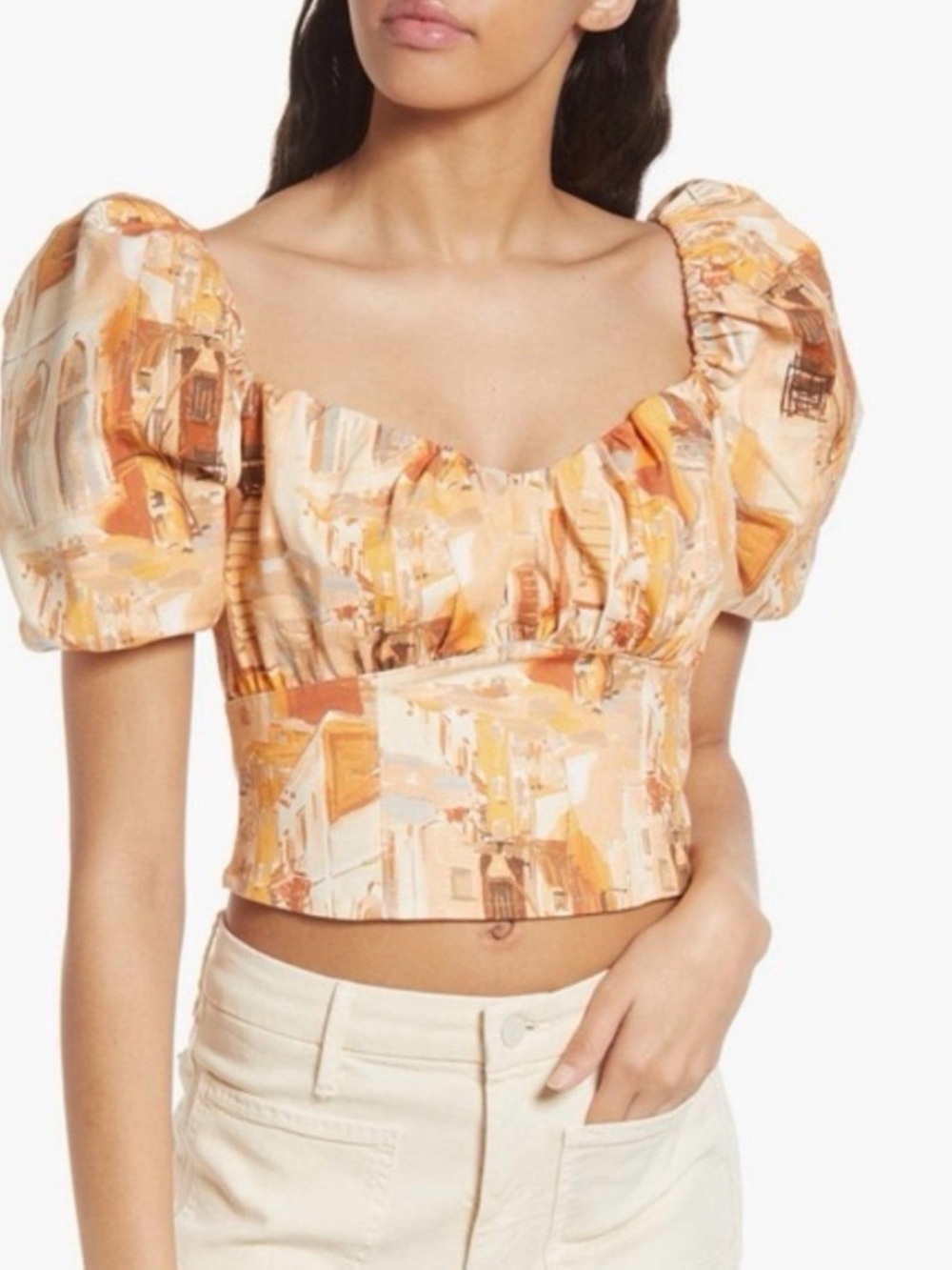 NWT & Other Stories Puff Sleeve Crop Top in City Print (Orange, size 0)